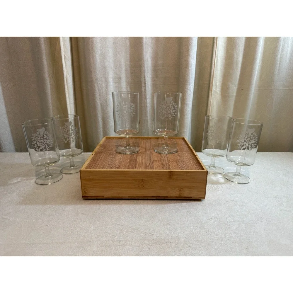 Set of 6 Georg Jensen Etched Partridge in a Pear Tree Stemmed Glasses